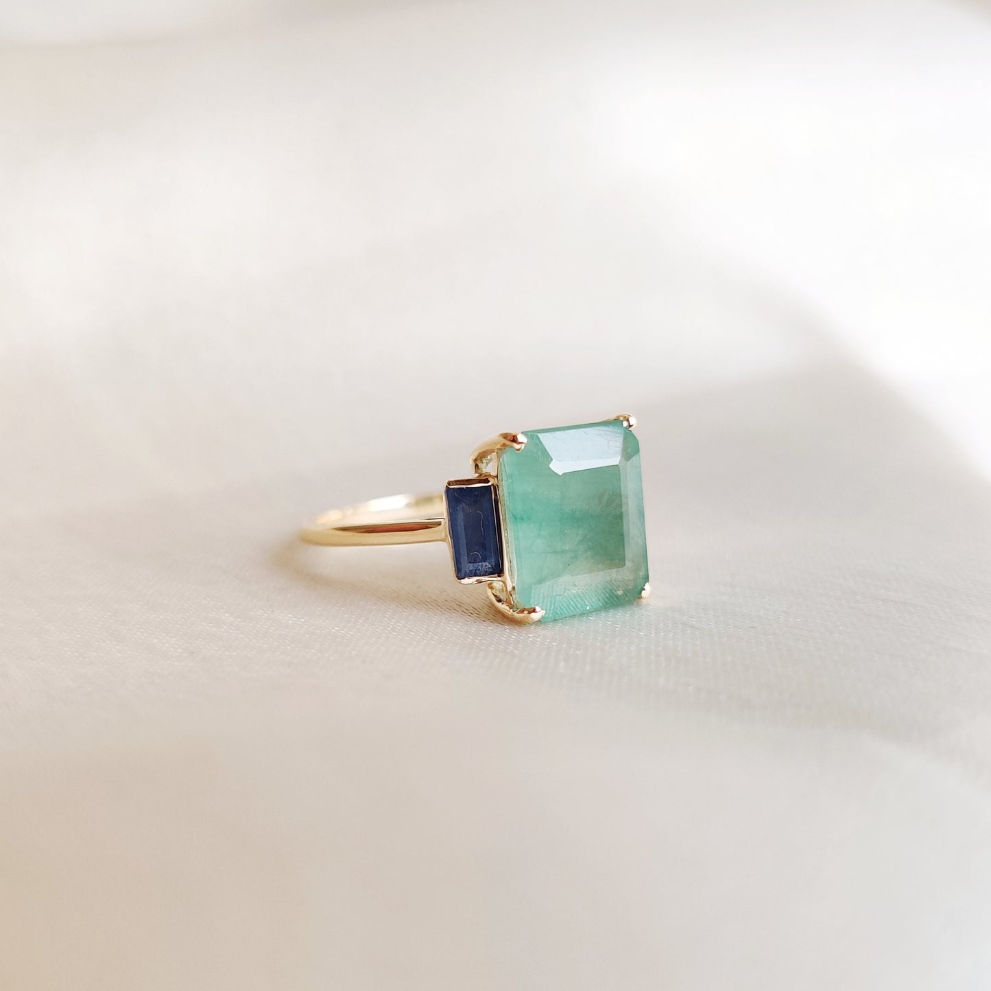 Natural Emerald & Blue Sapphire Ring, 14K Solid Yellow Gold Ring, September May Birthstone, Octagon Emerald Ring, Dainty Sapphire Ring