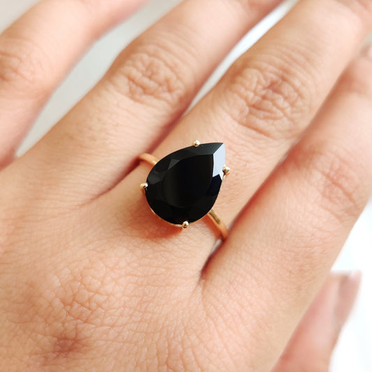 Natural Black Onyx Ring, 14K Solid Yellow Gold Black Onyx Ring, December Birthstone Ring, Black Onyx Jewelry, Birthday Gift, Statement Ring