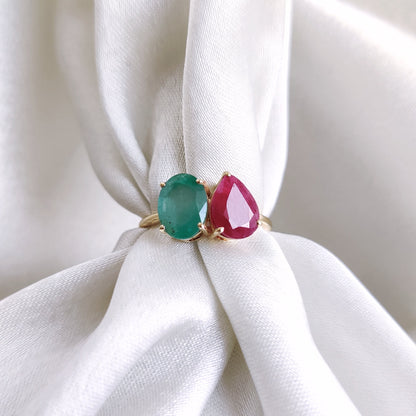 Natural Ruby & Emerald Ring, 14K Solid Yellow Gold Emerald and Ruby Ring, July May Birthstone Ring, Multi Stone Ring, Dainty Engagement Ring