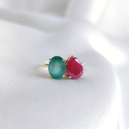 Natural Ruby & Emerald Ring, 14K Solid Yellow Gold Emerald and Ruby Ring, July May Birthstone Ring, Multi Stone Ring, Dainty Engagement Ring