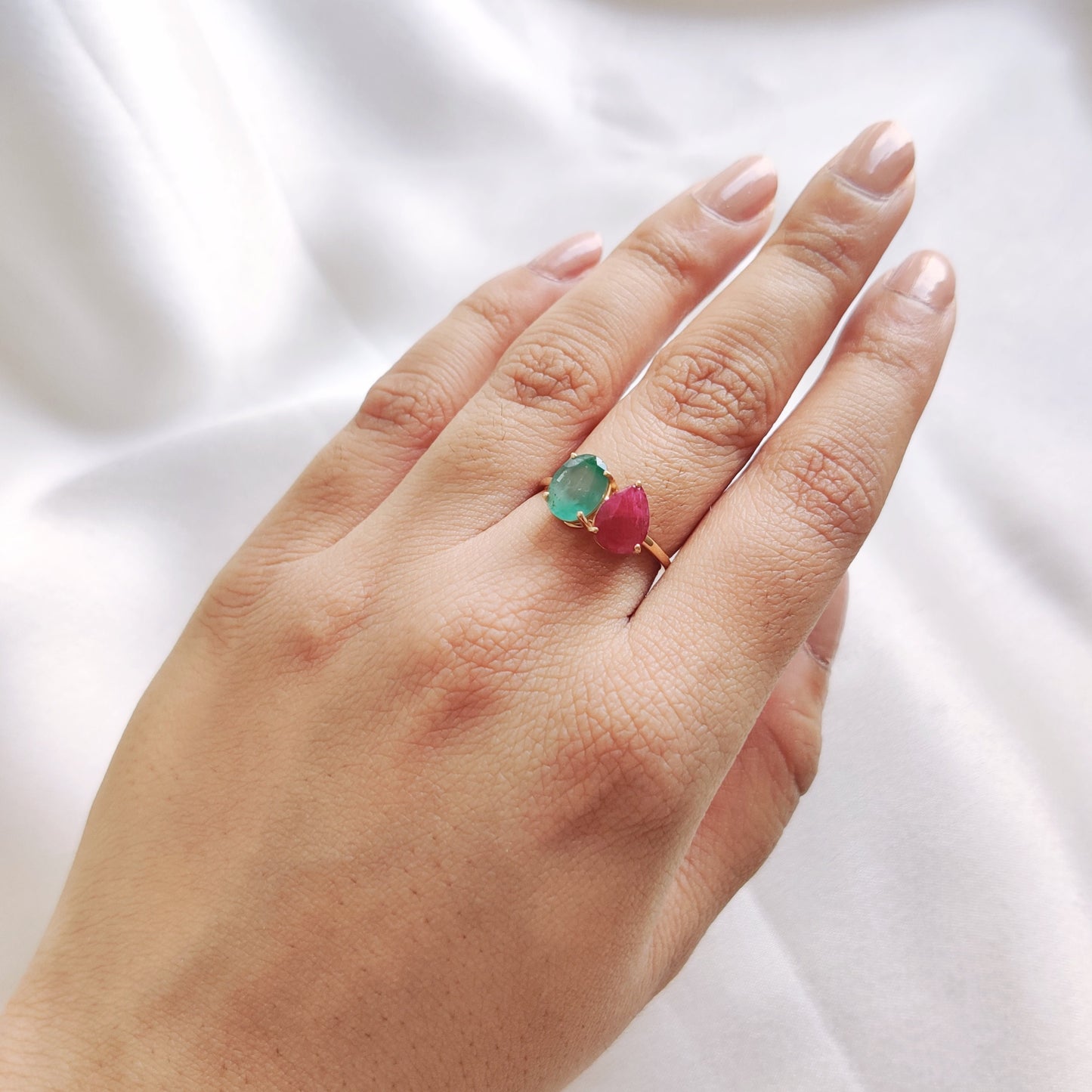 Natural Ruby & Emerald Ring, 14K Solid Yellow Gold Emerald and Ruby Ring, July May Birthstone Ring, Multi Stone Ring, Dainty Engagement Ring