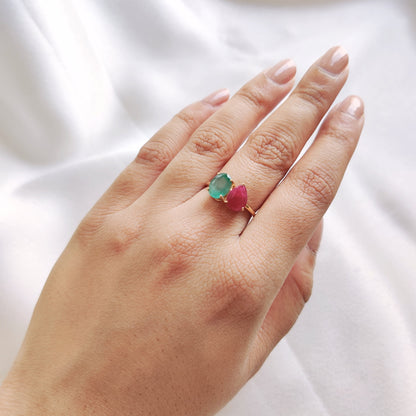 Natural Ruby & Emerald Ring, 14K Solid Yellow Gold Emerald and Ruby Ring, July May Birthstone Ring, Multi Stone Ring, Dainty Engagement Ring