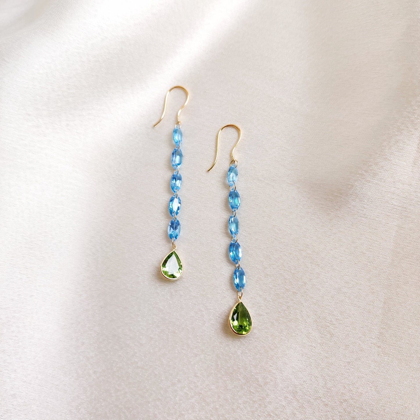 Natural Swiss Blue Topaz & Peridot Earrings, Solid Gold Topaz Drop Earrings, February Birthstone Earrings, Peridot Jewelry,Birthday Present