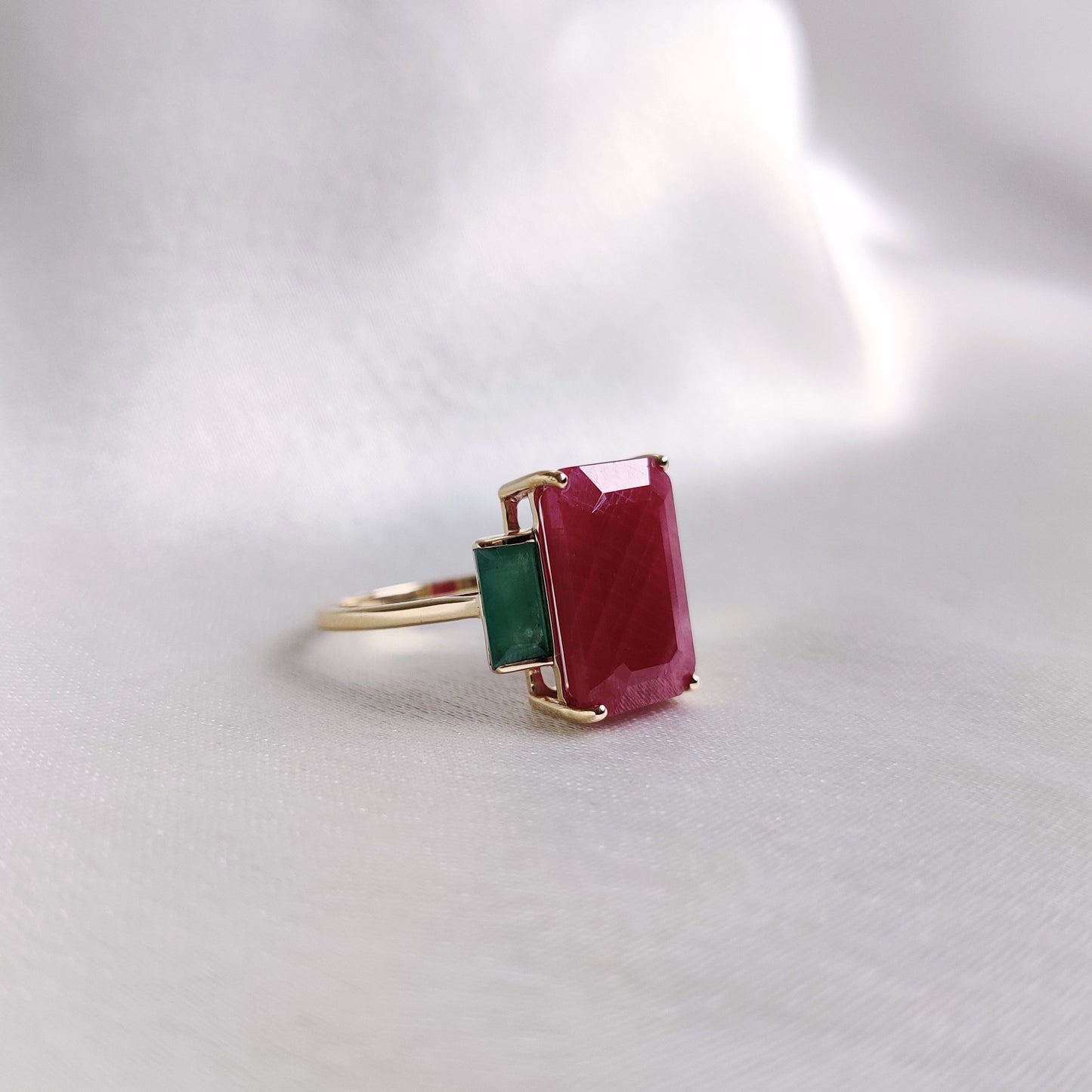 Natural Ruby & Emerald Ring, 14K Solid Yellow Gold Ring, July and May Birthstone Ring, Multi Stone Octagon Ring, Christmas Present