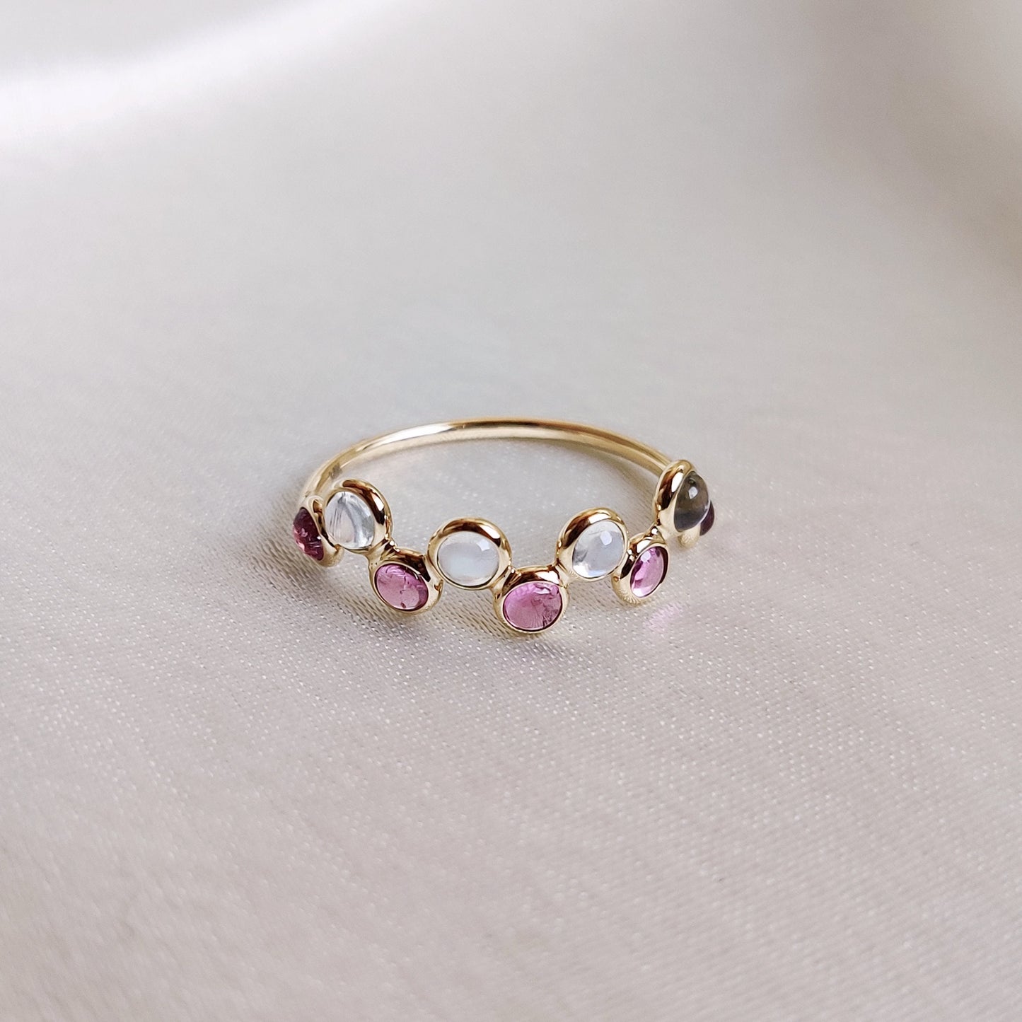 Natural Rainbow Moonstone & Pink Tourmaline Ring, 14K Solid Yellow Gold Bezel Ring, June and October Birthstone Ring, Moonstone Ring