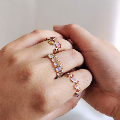 Natural Rainbow Moonstone & Pink Tourmaline Ring, 14K Solid Yellow Gold Bezel Ring, June and October Birthstone Ring, Moonstone Ring