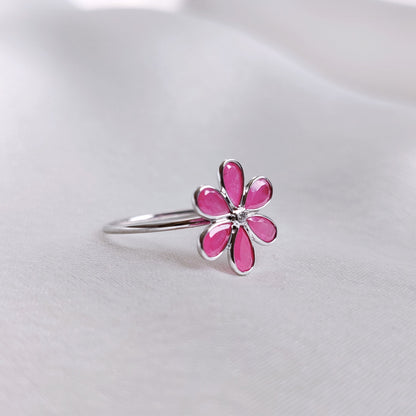 Natural Ruby Ring, 14K Solid White Gold Ruby & Diamond Ring, Bezel Flower Ring, July Birthstone, White Gold Jewelry, Dainty Ruby Ring