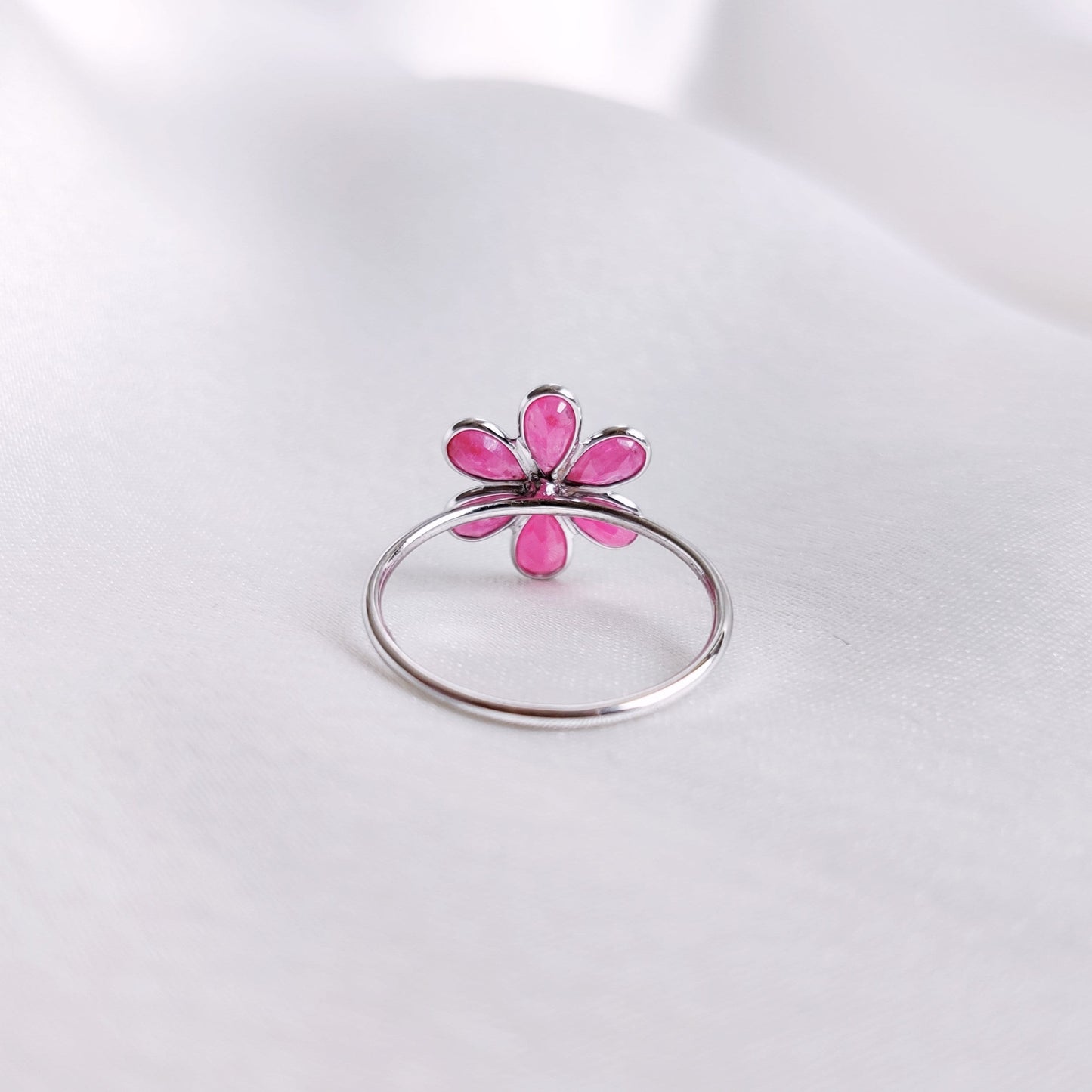 Natural Ruby Ring, 14K Solid White Gold Ruby & Diamond Ring, Bezel Flower Ring, July Birthstone, White Gold Jewelry, Dainty Ruby Ring