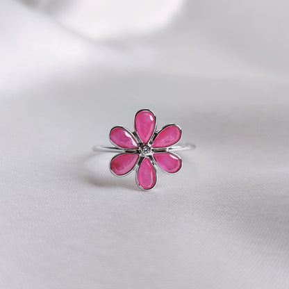 Natural Ruby Ring, 14K Solid White Gold Ruby & Diamond Ring, Bezel Flower Ring, July Birthstone, White Gold Jewelry, Dainty Ruby Ring