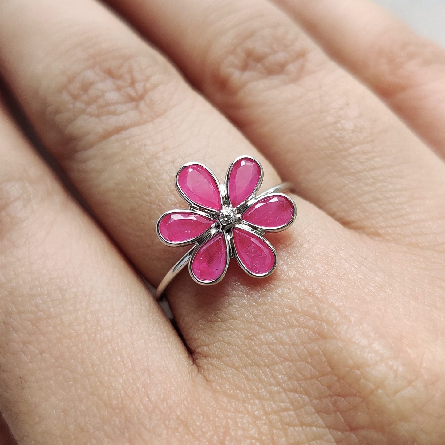 Natural Ruby Ring, 14K Solid White Gold Ruby & Diamond Ring, Bezel Flower Ring, July Birthstone, White Gold Jewelry, Dainty Ruby Ring