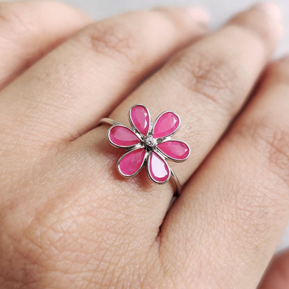 Natural Ruby Ring, 14K Solid White Gold Ruby & Diamond Ring, Bezel Flower Ring, July Birthstone, White Gold Jewelry, Dainty Ruby Ring