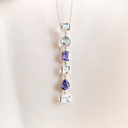 Natural Tanzanite & Aquamarine Necklace, 14K Solid Gold Necklace, Tanzanite Jewelry, Aquamarine Jewelry, December Birthstone Necklace