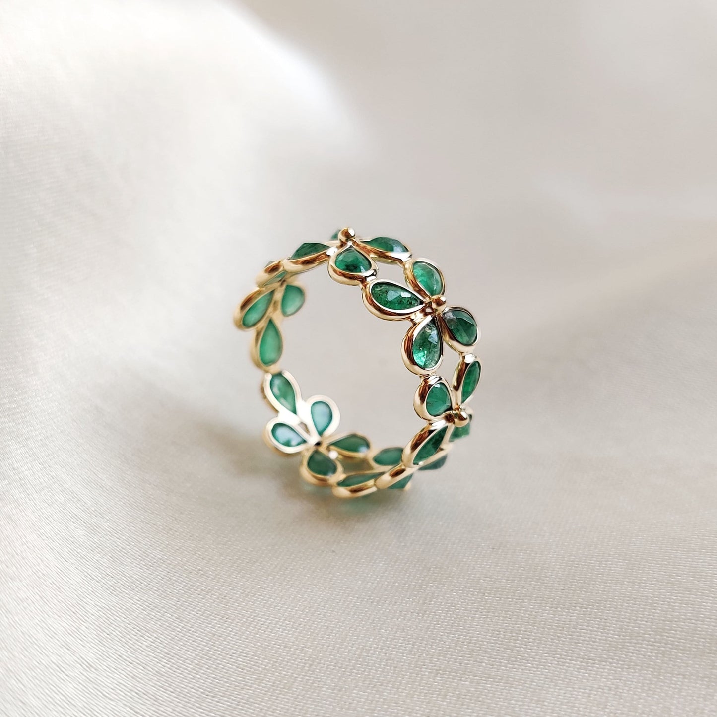 Natural Emerald Ring, 14K Solid Yellow Gold Emerald Ring, May Birthstone Ring, Emerald Bezel Ring, Floral Infinity Ring, Christmas Gift