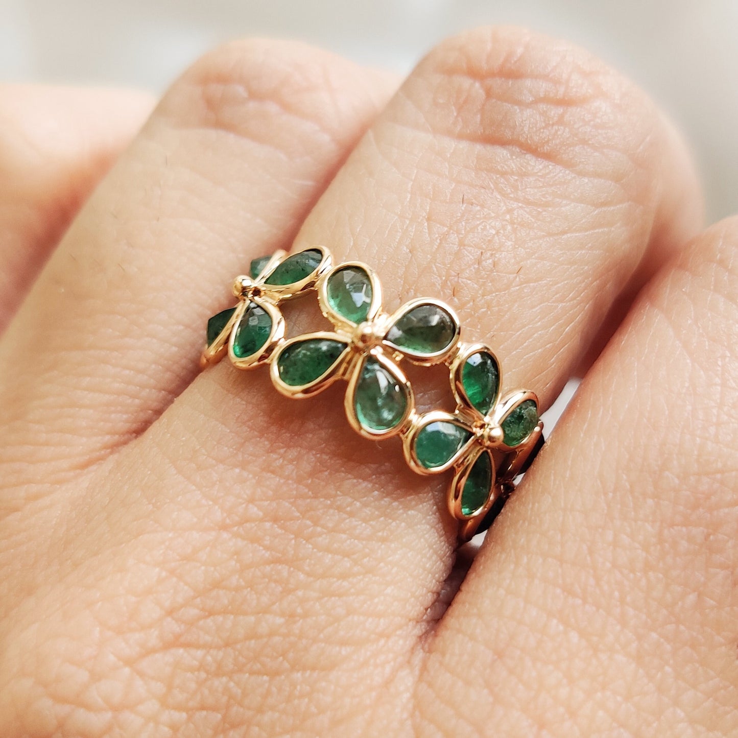 Natural Emerald Ring, 14K Solid Yellow Gold Emerald Ring, May Birthstone Ring, Emerald Bezel Ring, Floral Infinity Ring, Christmas Gift