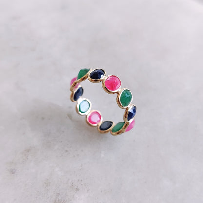 Natural Ruby, Emerald & Blue Sapphire Ring, 14K Solid Yellow Gold Ring, Precious Gemstone Bezel Eternity Ring, Dainty Multi Stone Ring