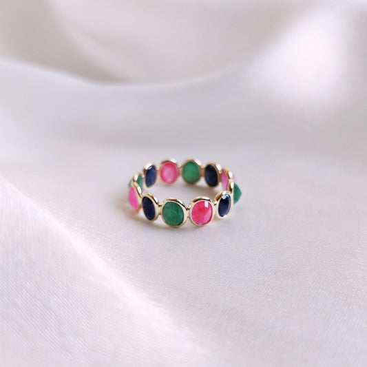 Natural Ruby, Emerald & Blue Sapphire Ring, 14K Solid Yellow Gold Ring, Precious Gemstone Bezel Eternity Ring, Dainty Multi Stone Ring