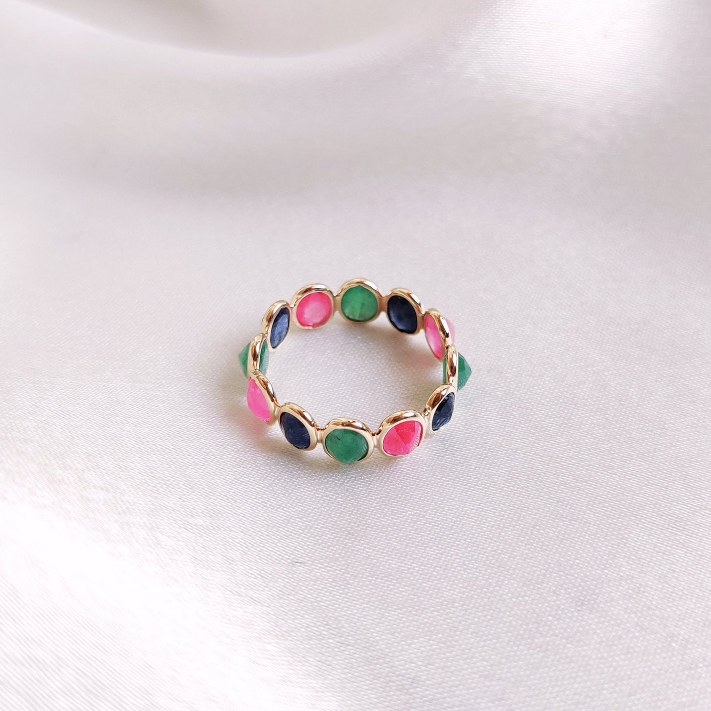 Natural Ruby, Emerald & Blue Sapphire Ring, 14K Solid Yellow Gold Ring, Precious Gemstone Bezel Eternity Ring, Dainty Multi Stone Ring