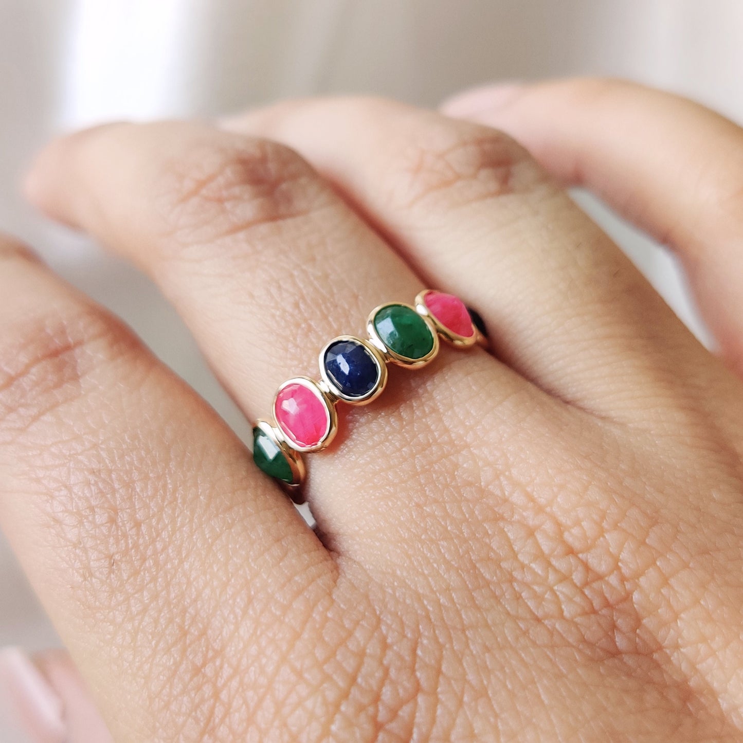 Natural Ruby, Emerald & Blue Sapphire Ring, 14K Solid Yellow Gold Ring, Precious Gemstone Bezel Eternity Ring, Dainty Multi Stone Ring