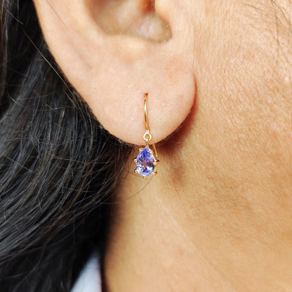 Solid Gold Natural Tanzanite Earrings, 14K Yellow Gold Tanzanite Earrings, Dainty Pear Cut Tanzanite Earrings, December Birthstone Earrings