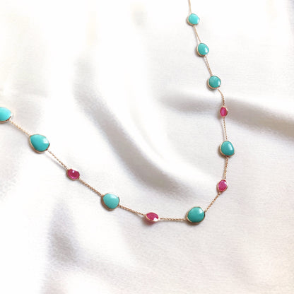 Natural Ruby & Turquoise Necklace, 14K Solid Gold Necklace, Turquoise Jewelry, Multi Stone Necklace, July and December Birthstone Necklace