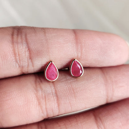 Solid Gold Natural Ruby Studs, 14K Gold Ruby Earrings, Dainty Pear Cut Ruby Studs, Natural Ruby Jewelry, July Birthstone Studs