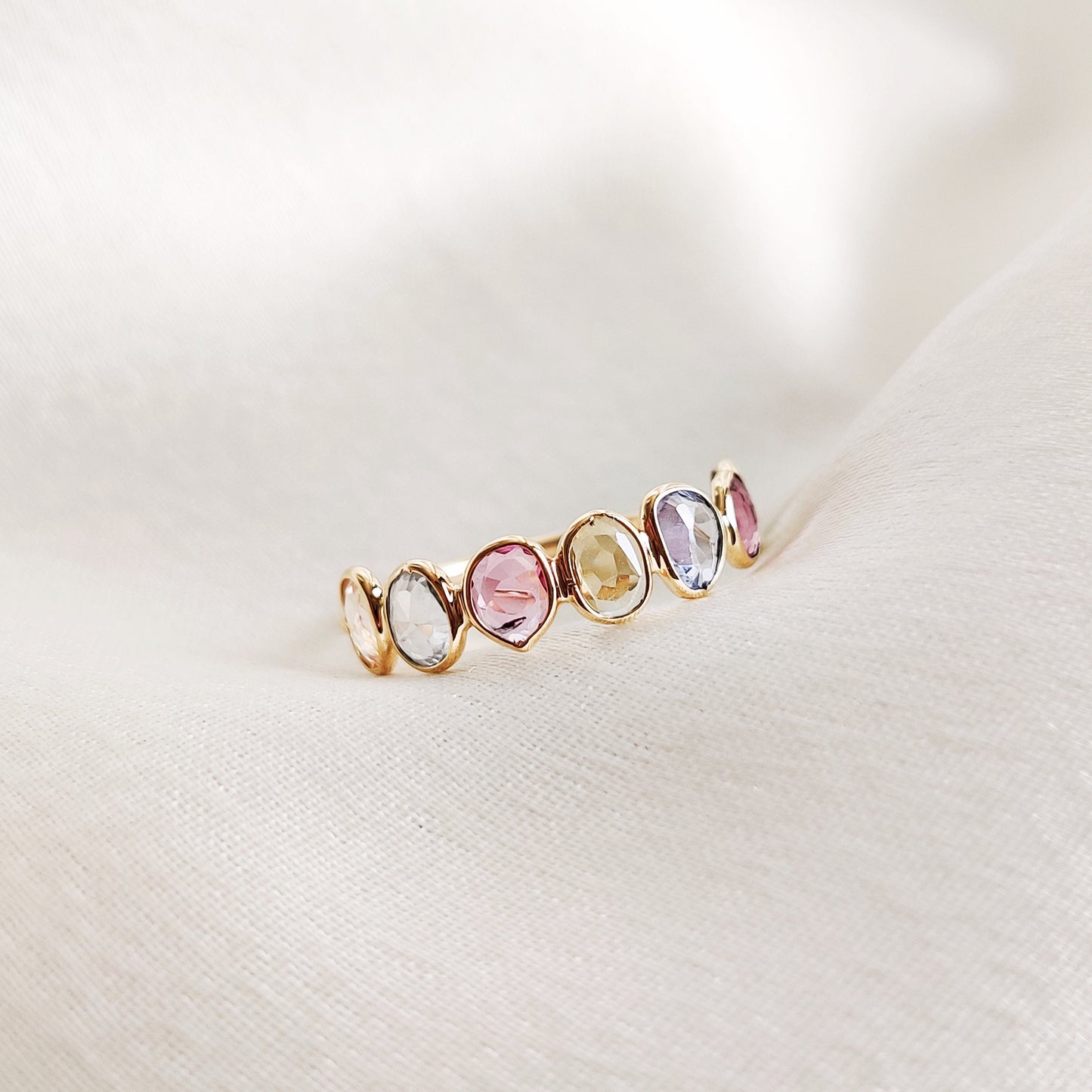 Natural Multi Sapphire Ring, 14K Solid Yellow Gold Sapphire Ring, Bezel Ring, Half Eternity Infinity Ring, September Birthstone Ring