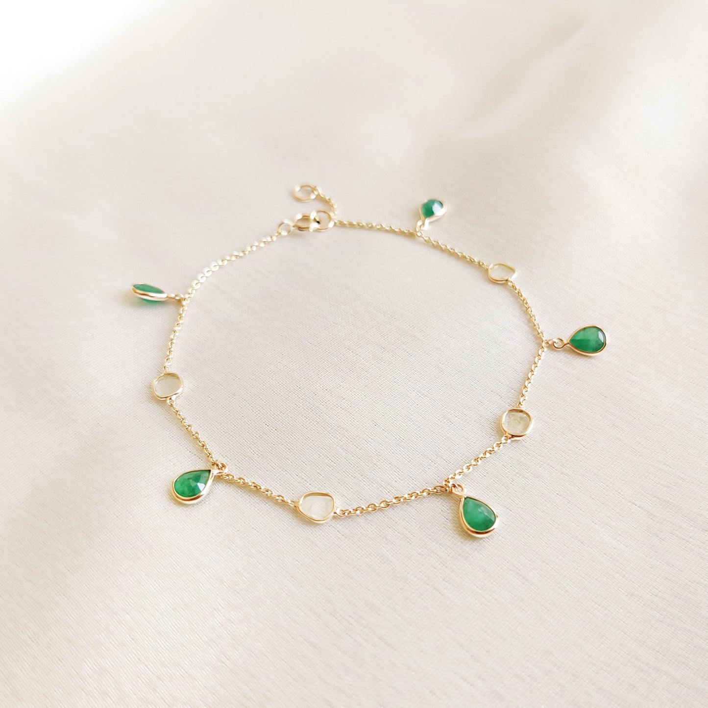 Natural Emerald & Diamond Polki Bracelet, 14K Solid Yellow Gold Diamond Slice Bracelet, Dainty Emerald Gold Bracelet,May Birthstone Bracelet