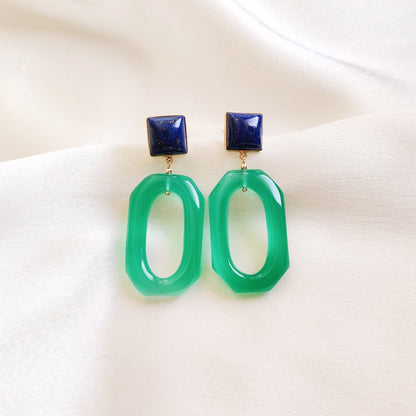 Natural Lapis Lazuli & Green Onyx Earrings, 14K Solid Yellow Gold Earrings, Statement Gemstone Stud Earrings, September Birthstone Earrings