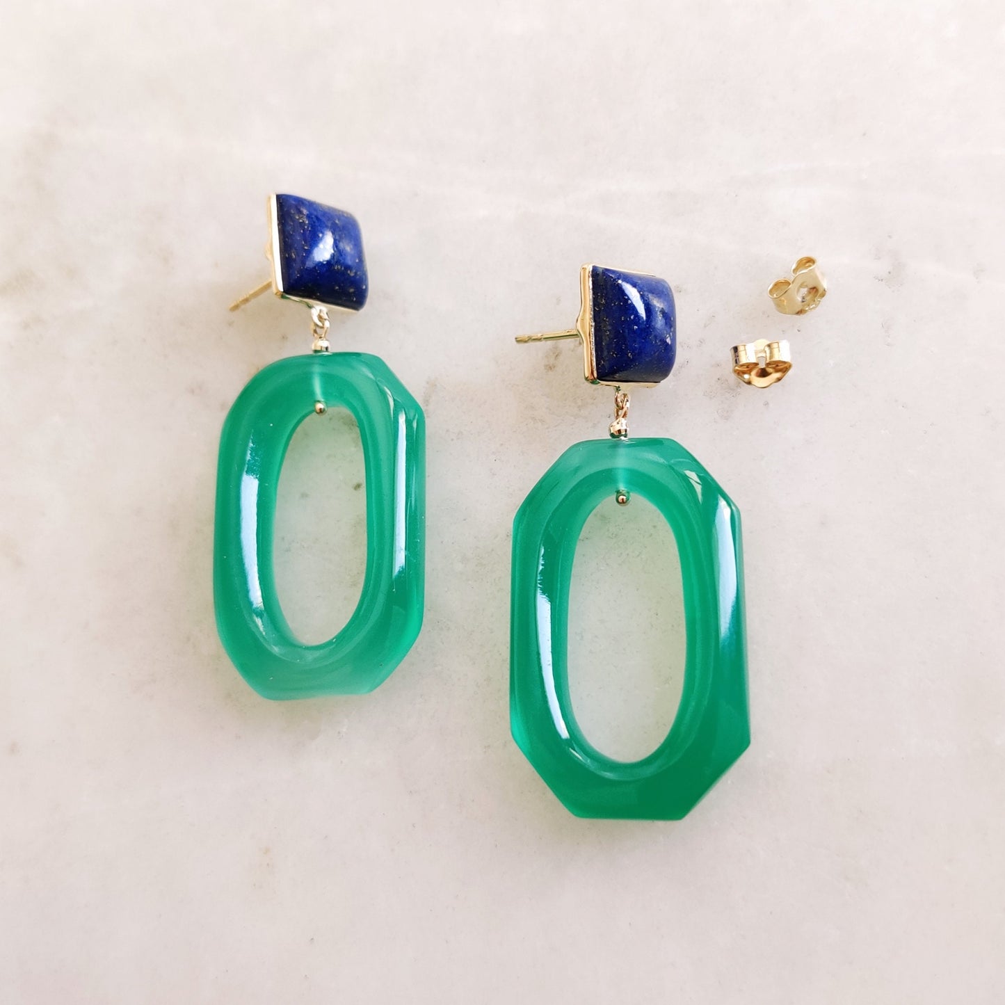 Natural Lapis Lazuli & Green Onyx Earrings, 14K Solid Yellow Gold Earrings, Statement Gemstone Stud Earrings, September Birthstone Earrings