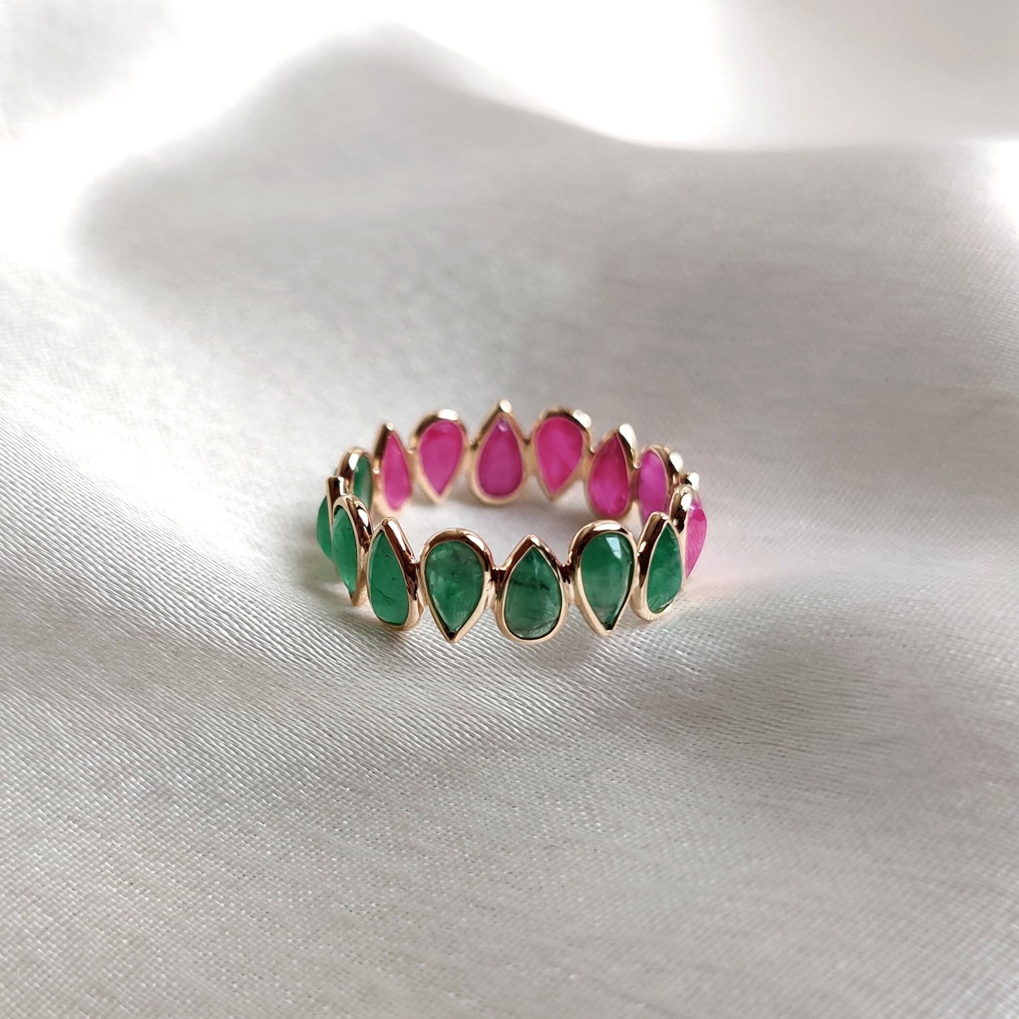 Natural Ruby & Emerald Ring, 14K Solid Yellow Gold Ring, Bezel Set Infinity Ring, May and July Birthstone, Dainty Stackable Ring