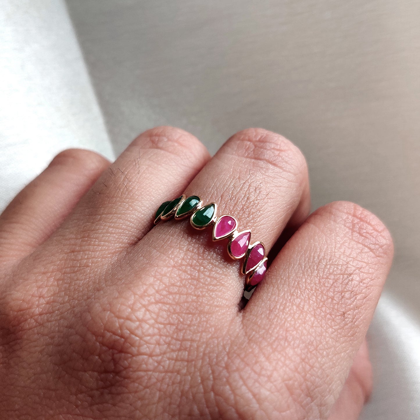 Natural Ruby & Emerald Ring, 14K Solid Yellow Gold Ring, Bezel Set Infinity Ring, May and July Birthstone, Dainty Stackable Ring