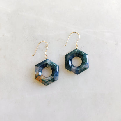 Natural Moss Agate Earrings, 14K Solid Yellow Gold Agate Earrings,  April & May Birthstone, Moss Agate Jewelry, Hexagon Gemstone Earrings