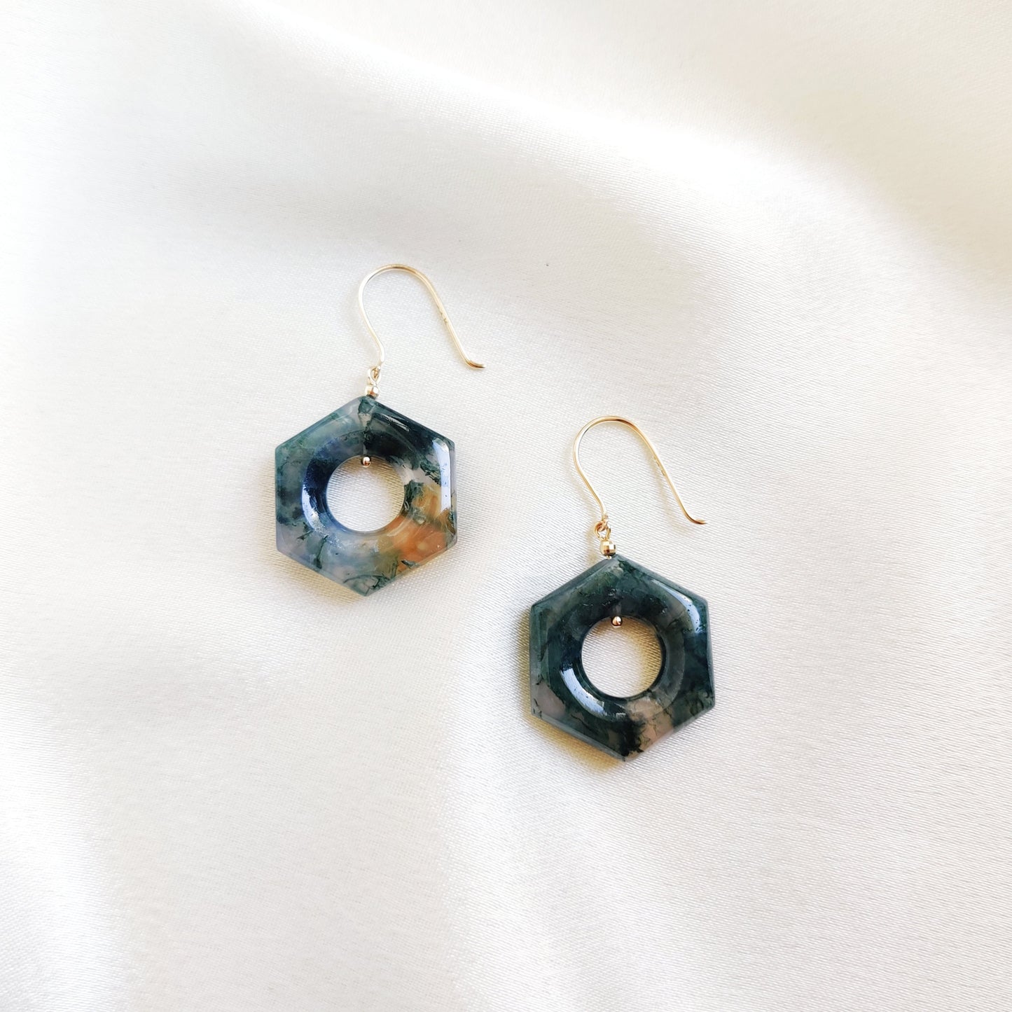 Natural Moss Agate Earrings, 14K Solid Yellow Gold Agate Earrings,  April & May Birthstone, Moss Agate Jewelry, Hexagon Gemstone Earrings