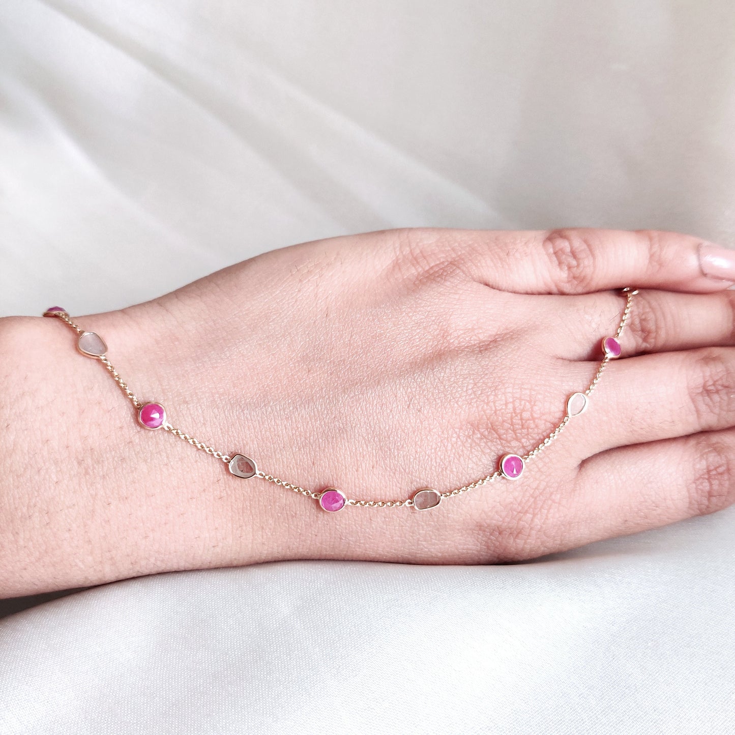 Natural Ruby & Diamond Slice Bracelet, 14K Solid Yellow Gold Bracelet, Dainty Ruby Bracelet, April July Birthstone, Diamond Polki Bracelet