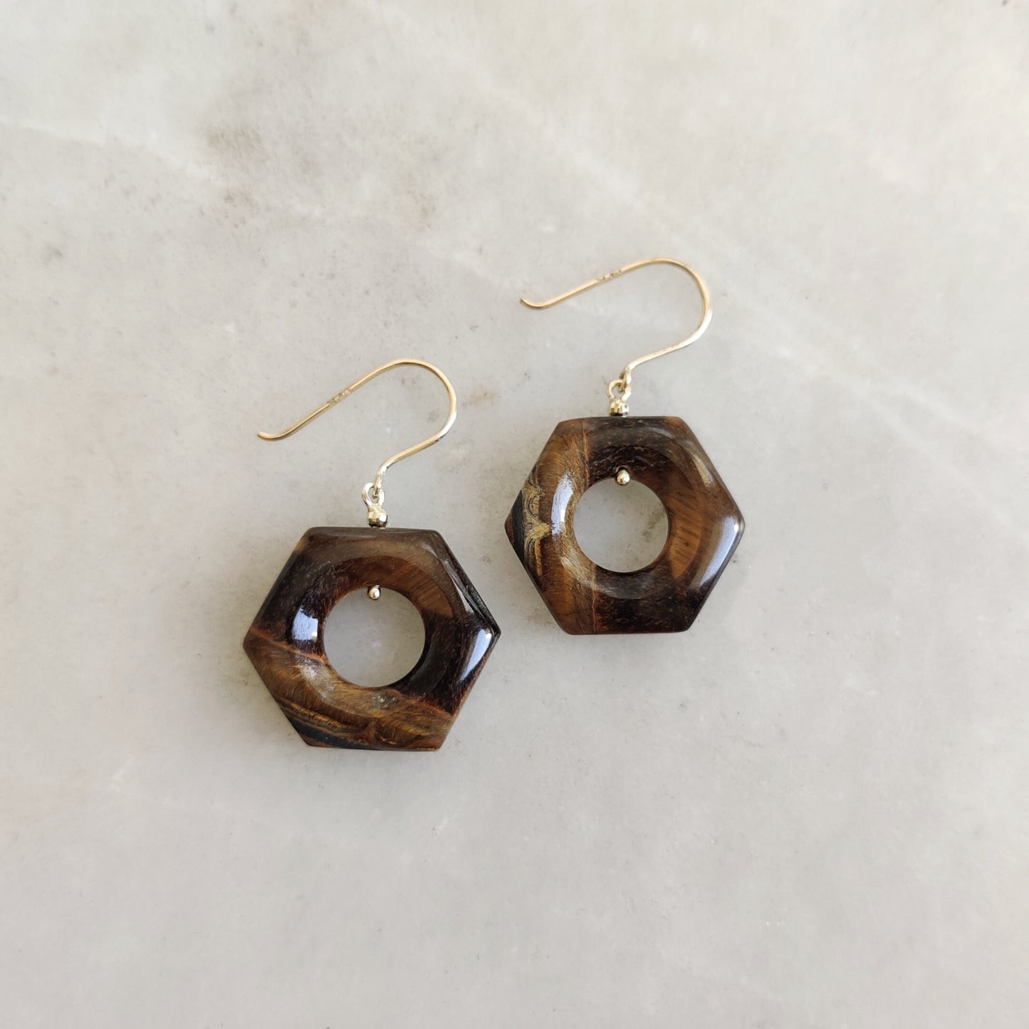 Natural Tiger Eye Earrings, 14K Solid Yellow Gold Tiger Eye Earrings, Jewelry, June Birthstone, Tiger Eye Jewelry,Statement Hexagon Earrings