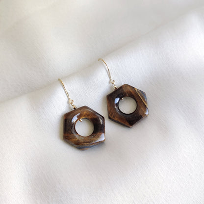 Natural Tiger Eye Earrings, 14K Solid Yellow Gold Tiger Eye Earrings, Jewelry, June Birthstone, Tiger Eye Jewelry,Statement Hexagon Earrings