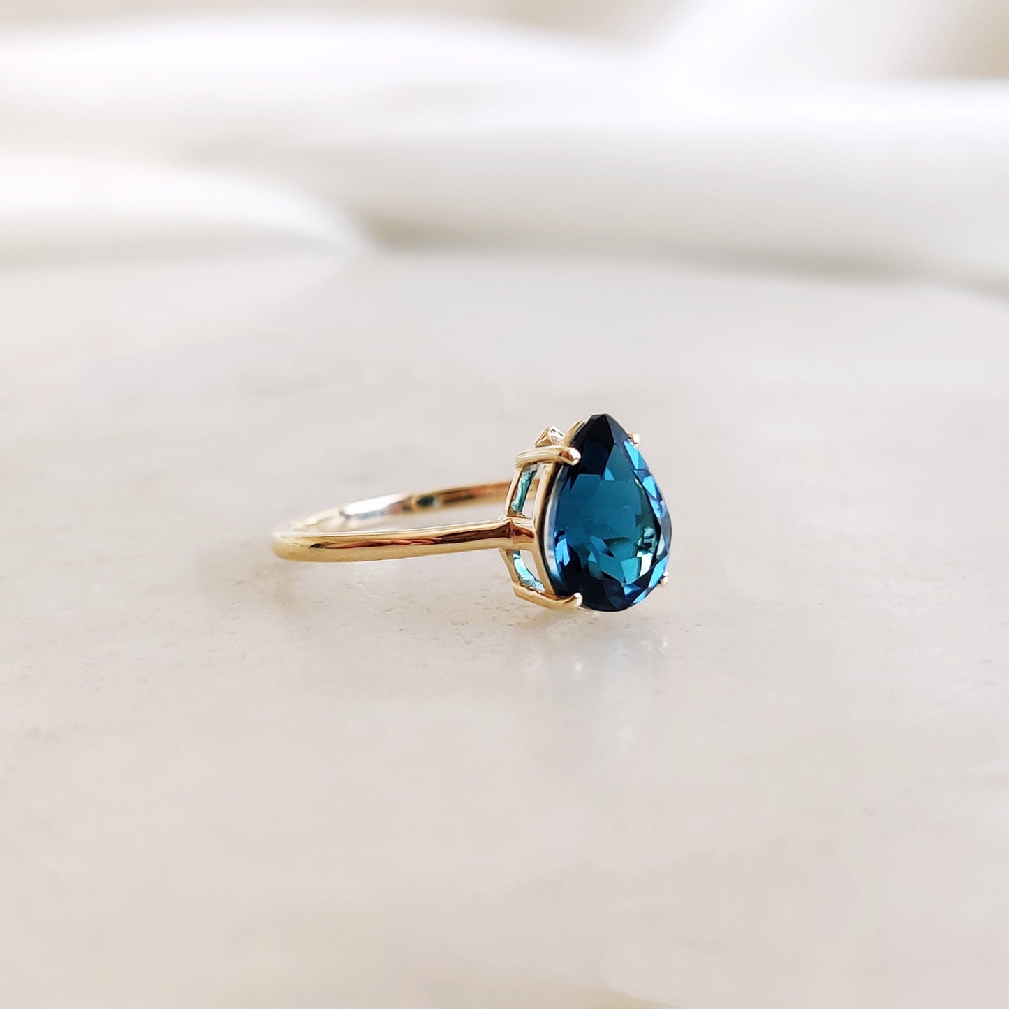 Natural London Blue Topaz Ring, 14K Solid Yellow Gold Topaz Ring, Blue Topaz Engagement Ring, November Birthstone Ring, Pear Cut Topaz Ring