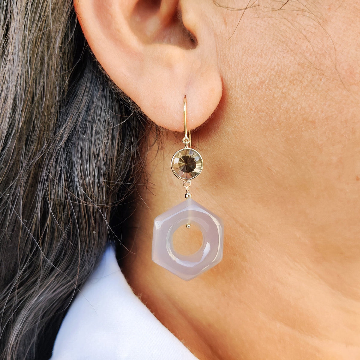14K Solid Yellow Gold Natural Smoky Quartz & Grey Onyx Hexagon Loop Earrings