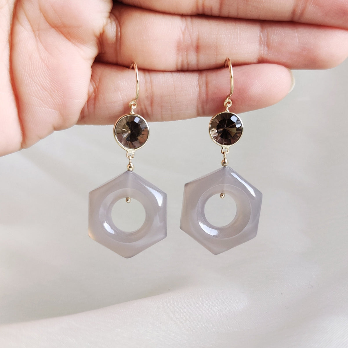 14K Solid Yellow Gold Natural Smoky Quartz & Grey Onyx Hexagon Loop Earrings