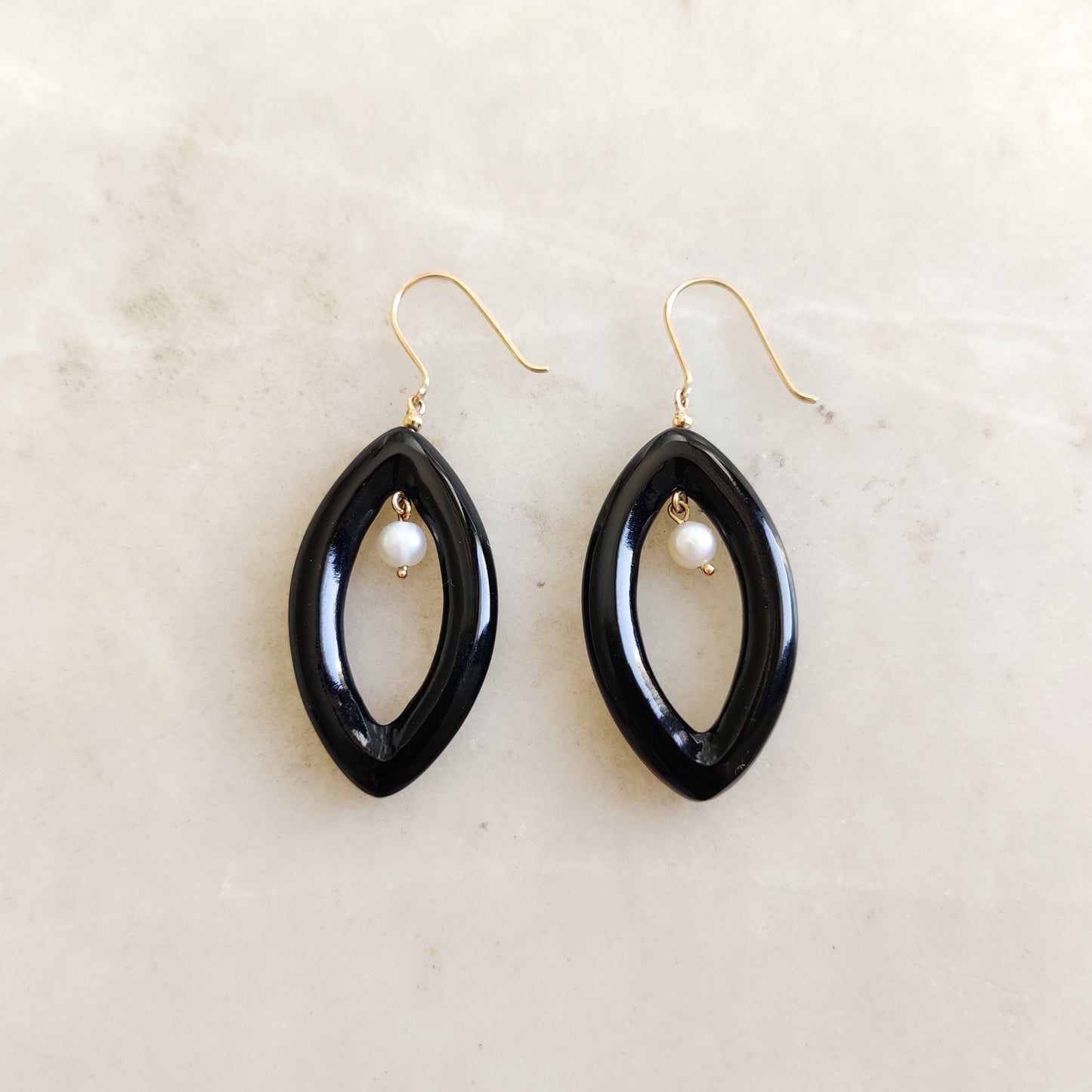 Natural Pearl Black & Black Onyx Earrings, 14K Solid Yellow Gold Earrings, January Birthstone, Onyx Drop Earrings, Statement Earrings