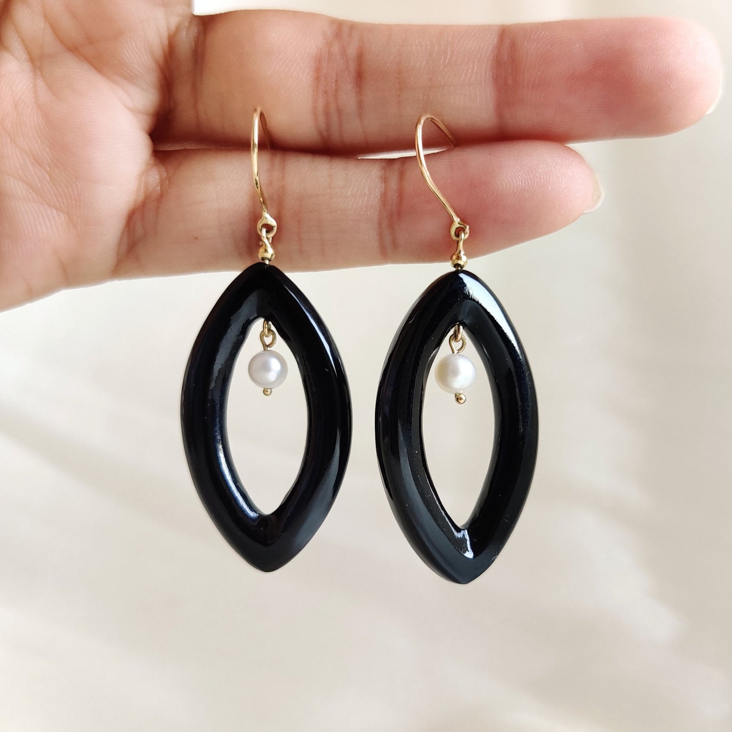 Natural Pearl Black & Black Onyx Earrings, 14K Solid Yellow Gold Earrings, January Birthstone, Onyx Drop Earrings, Statement Earrings