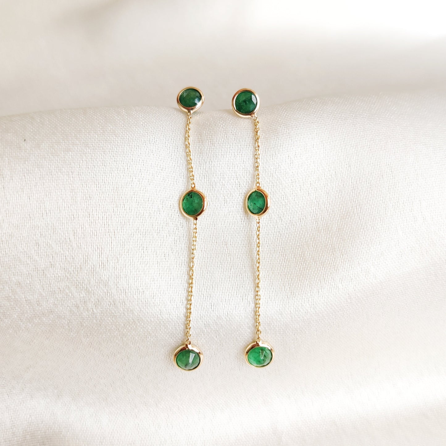 Natural Emerald Drop Earrings, 14K Solid Gold Emerald Earrings, Dainty Emerald Danglers, May Birthstone Earrings, Christmas Present