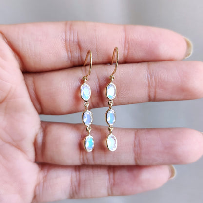 Natural Rainbow Moonstone Earrings, Solid Gold Earrings, Blue Moonstone Danglers, June Birthstone Earrings, Dainty Moonstone Earrings