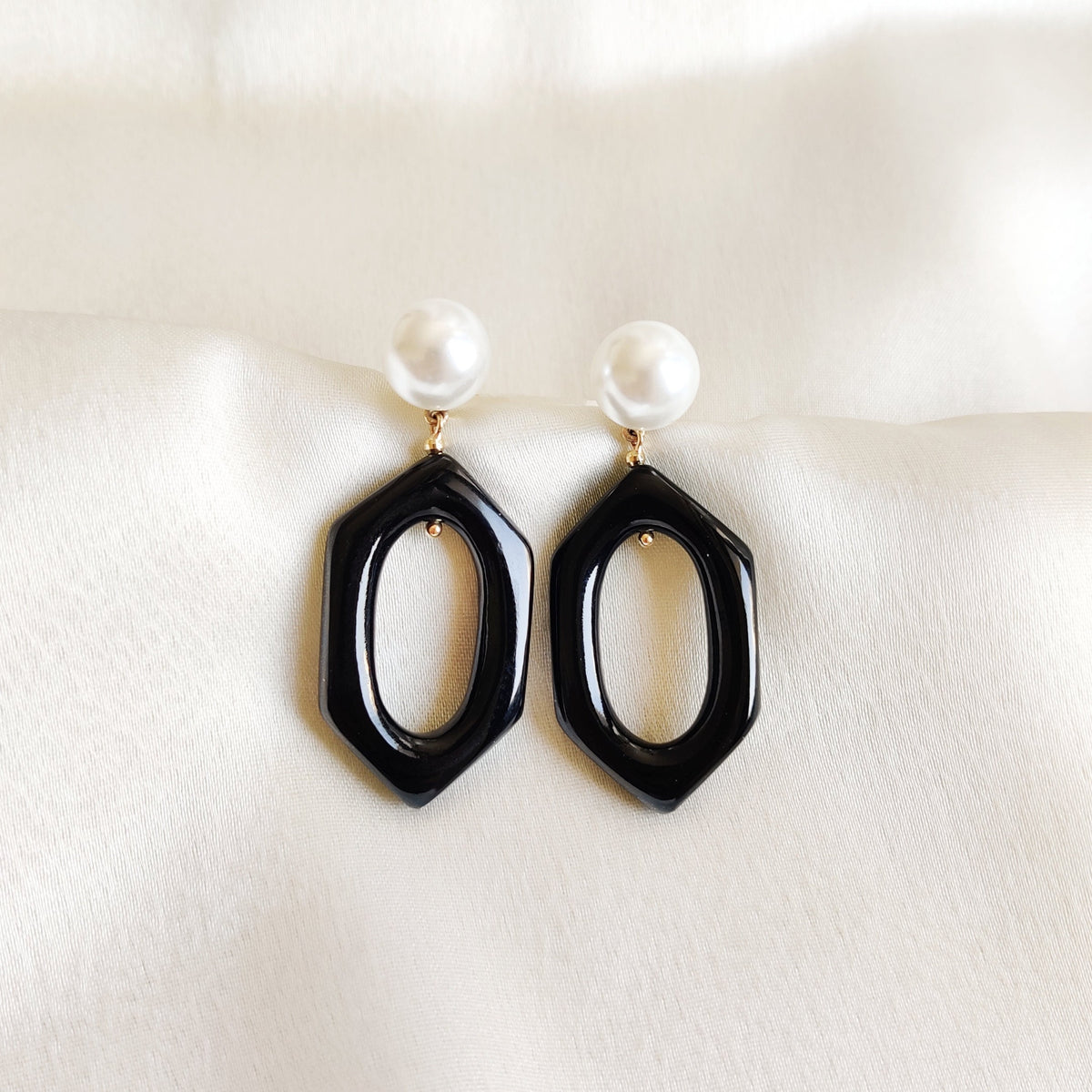 Natural Pearl & Black Onyx 14K Solid Yellow Gold Loop Earrings, Statement Jewelry