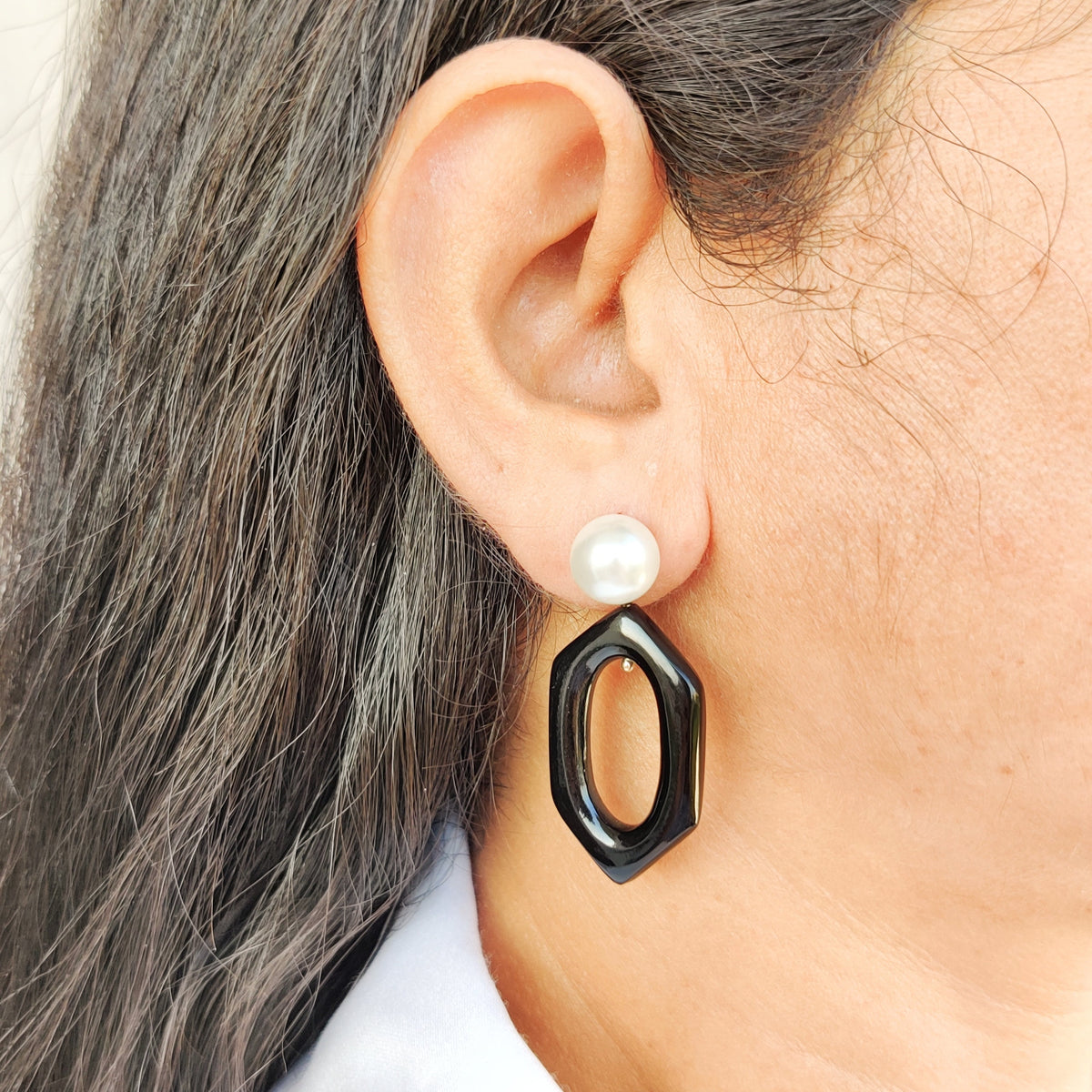 Natural Pearl & Black Onyx 14K Solid Yellow Gold Loop Earrings, Statement Jewelry