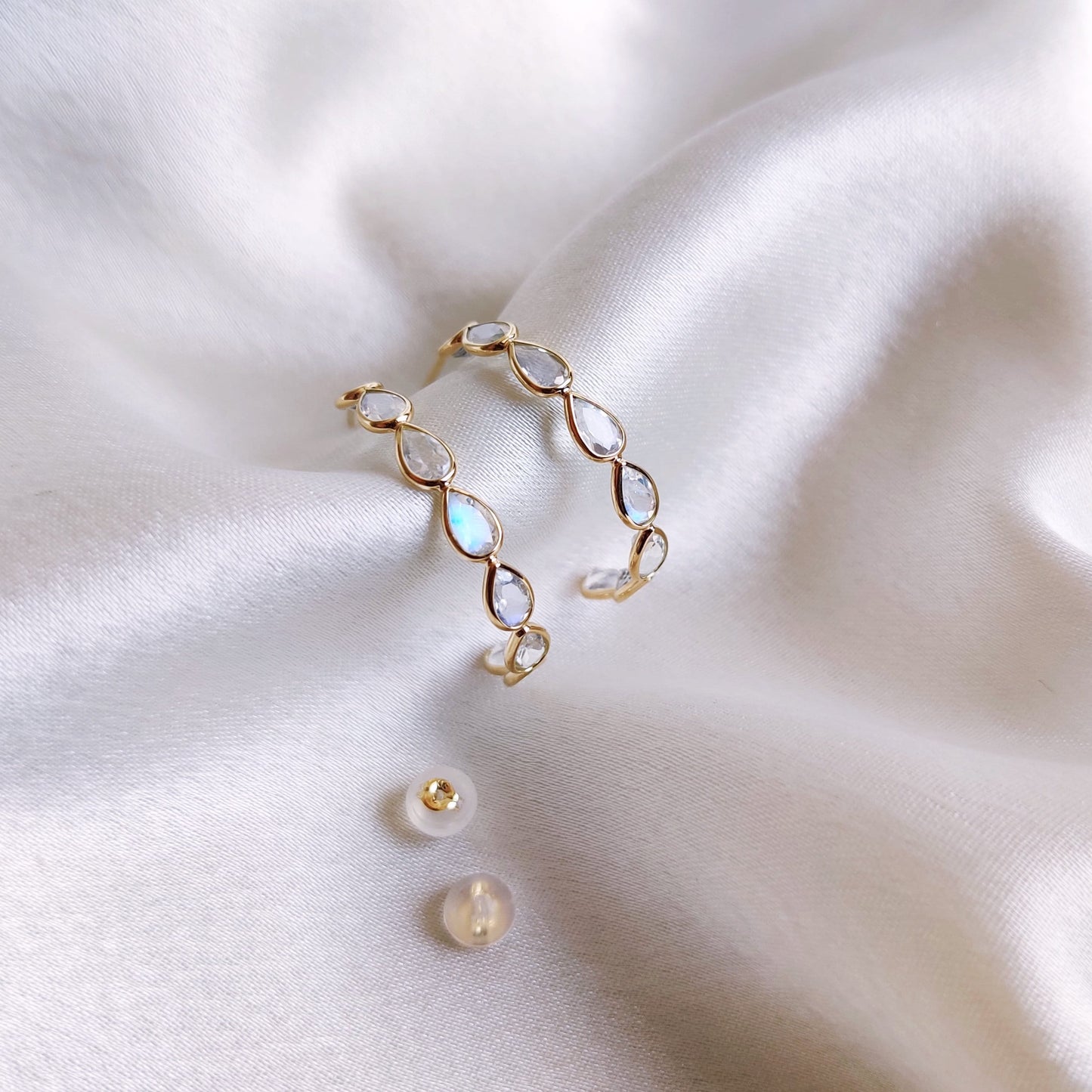 Natural Rainbow Moonstone Hoop Earrings, Solid Yellow Gold Moonstone Earrings, June Birthstone, Dainty Moonstone Earrings, Birthday Present