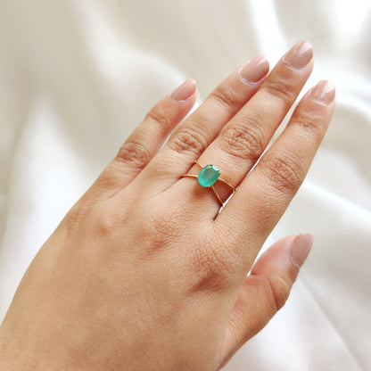 14K Gold Natural Emerald Ring, Solid Yellow Gold Emerald Ring, May Birthstone Ring, Dainty Cross Band Emerald Ring, Oval Cut Emerald Ring