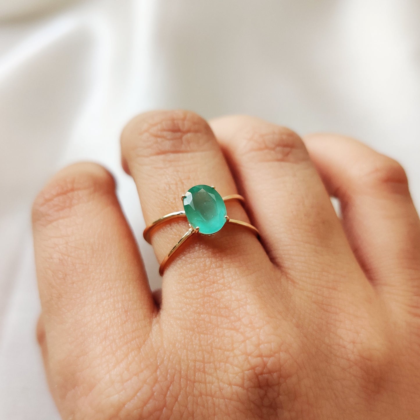 14K Gold Natural Emerald Ring, Solid Yellow Gold Emerald Ring, May Birthstone Ring, Dainty Cross Band Emerald Ring, Oval Cut Emerald Ring