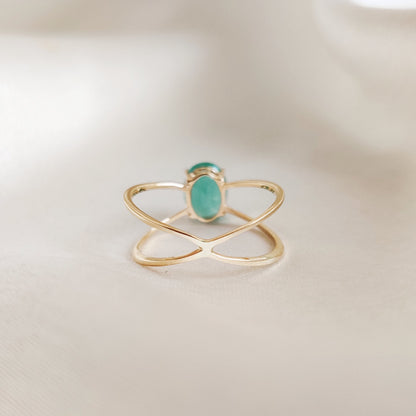 14K Gold Natural Emerald Ring, Solid Yellow Gold Emerald Ring, May Birthstone Ring, Dainty Cross Band Emerald Ring, Oval Cut Emerald Ring