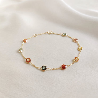 Natural Multi Sapphire Bracelet, 14K Solid Gold Multi Sapphire Bracelet, Dainty Sapphire Bezel Bracelet, September Birthstone Bracelet